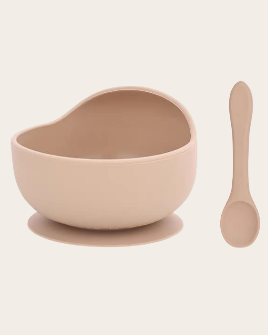 Beige bowl with suction cup and spoon on a light beige background