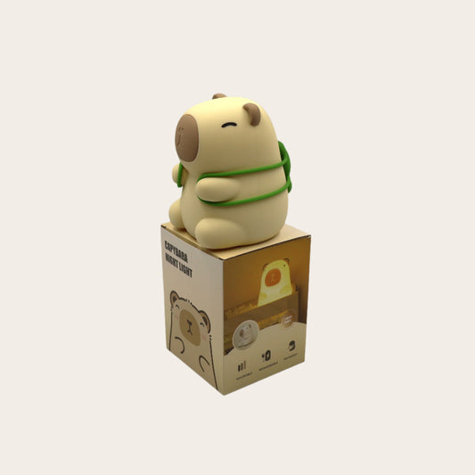 Capybara night light with a tortoise on its back, on a cardboard box against a white background